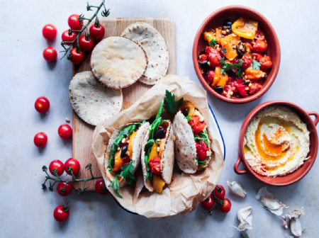 Smokey Mediterranean Roasted Veg and Hummus Pittas 