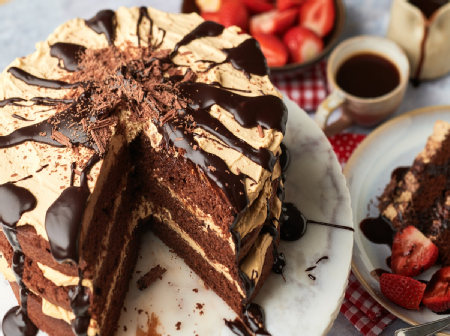 Chocolate fudge cake with chocolate and espresso syrup