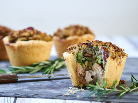 Gluten Free Chicken and Broccoli Pie with a Stuffing Crust