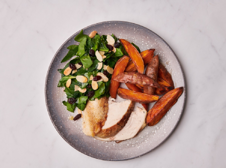 Roast chicken with sweet potato wedges and a spinach salad