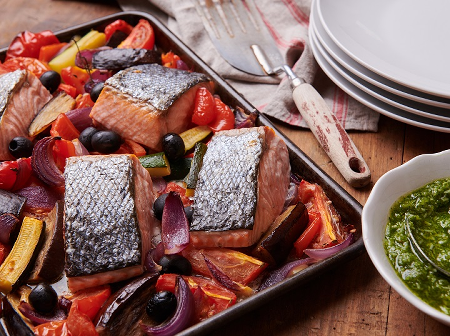 Home of Gluten Free Recipes Dinner        Ratatouille vegetables baked with salmon and fresh pesto