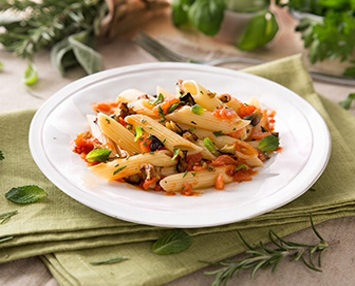 Penne with Fresh Mediterranean Vegetables and Aromatic Herbs