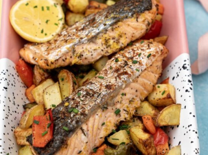 Air Fryer Lemon Pepper Salmon Traybake