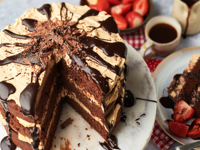 Chocolate fudge cake with chocolate and espresso syrup