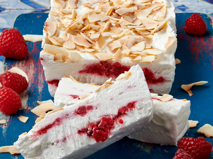 Coconut and yoghurt parfait with raspberry ripple