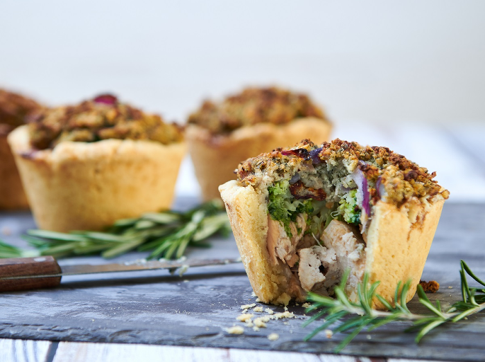 Gluten Free Chicken and Broccoli Pie with a Stuffing Crust