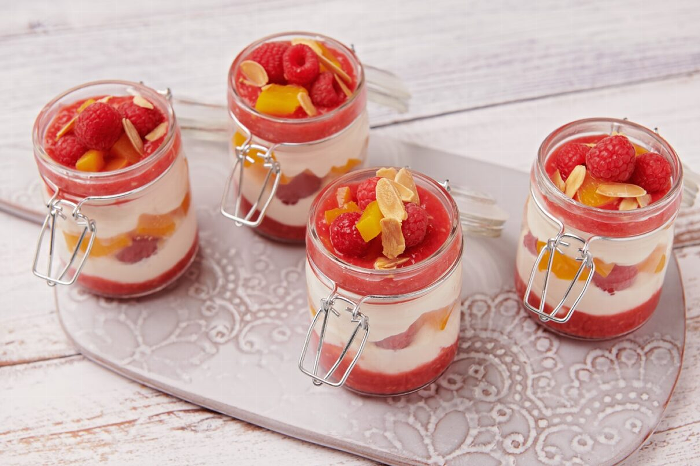 Reduced Sugar Peach and Raspberry Layered Fruit Fool