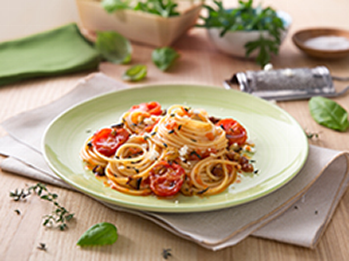 Spaghetti with Aubergine, Thyme & Ricotta