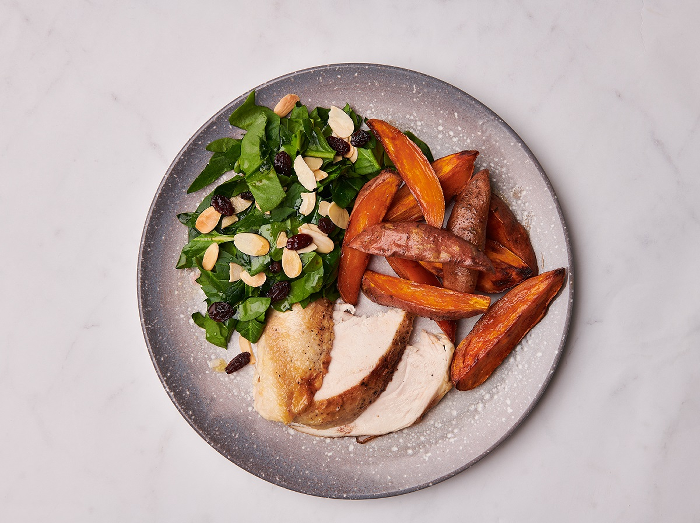 Roast chicken with sweet potato wedges and a spinach salad