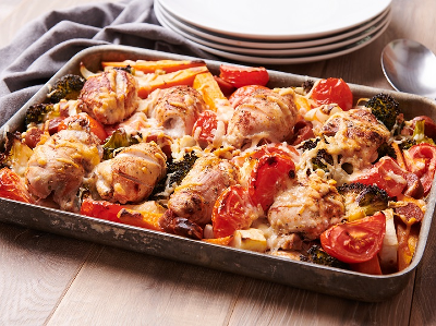 Home of Gluten Free Recipes Tray Bake Chicken with Vegetables, Chorizo and Cheese