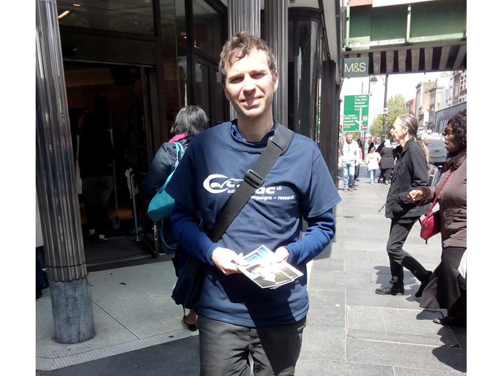 Leafleteer Felix leaflets at Marks & Spencer Brixton