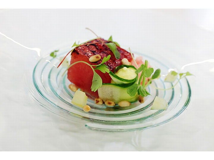 Jonathan Farmer - Charred watermelon, cucumber textures, watermelon granita, pine nuts